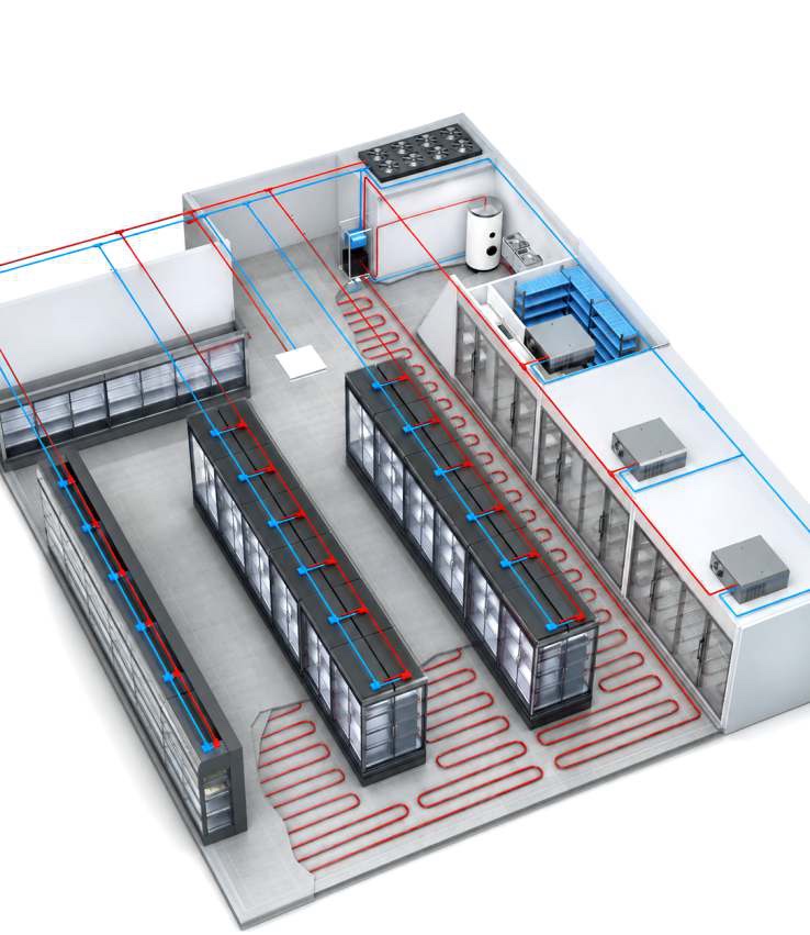 Przykład dystrybucji ciepłej wody w supermarkecie z urządzeniami plug-in Waterloop