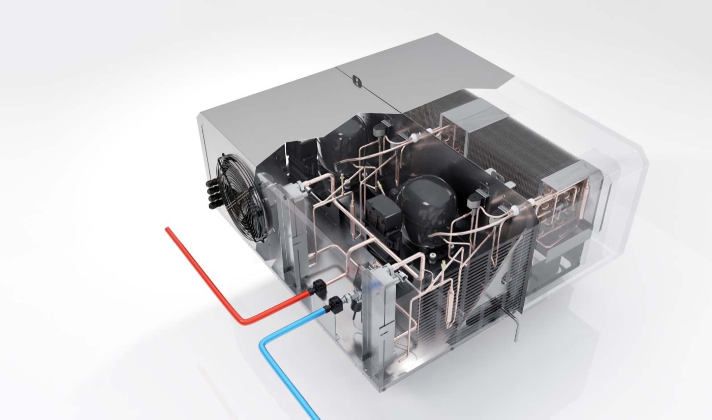 Monoblok Waterloop ze skraplaczem płytowym (Heat Recovery System) — przyłącza wody ciepłej i zimnej